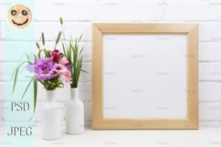 Wooden square frame mockup with pink godetia flowers. Product Image 3