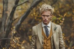 Stylish man stands in an autumnal forest wearing a suit Product Image 1