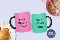 2 Two mugs mockup PSD, Double mug mockup on breakfast table Product Image 2
