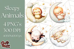 Sleeping Baby Animals PNG, Moon and Stars Nursery Clipart Product Image 1