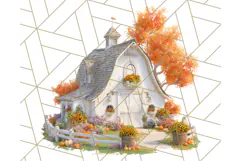 Fall Barn Clipart PNG With Pumpkins and Flowers, Autumn Png Product Image 4