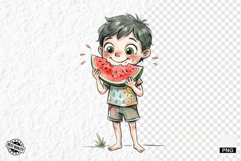 Whimsical Summer Boy &amp; Watermelon Clipart Product Image 1