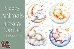 Sleeping Baby Animals PNG, Moon and Stars Nursery Clipart Product Image 1