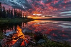 Campfire burning near lake reflecting dramatic sunset sky Product Image 1