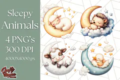 Sleeping Baby Animals PNG, Moon and Stars Nursery Clipart Product Image 1