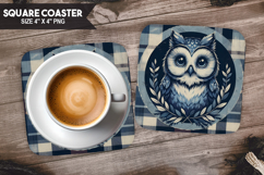 Cute Owl, Animal coaster, Buffalo Plaid Square Coaster PNG Product Image 1
