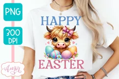Happy Easter sublimation PNG, Cute highland cow PNG design Product Image 4