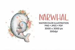 Mom and baby narwhals Watercolor Cute animals illustration Product Image 1