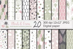 Blush Pink and Green Seamless Digital Paper / Pastel Hand drawn patterns / Scales, Hearts, Leaves, Terrazzo Backgrounds Product Image 1