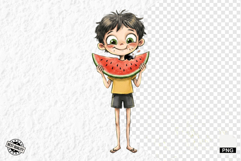 Whimsical Summer Boy &amp; Watermelon Clipart Product Image 1