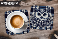 Cute Owl, Animal coaster, Buffalo Plaid Square Coaster PNG Product Image 1
