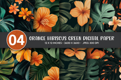 Orange Hibiscus Green Digital Paper Product Image 1