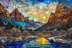 Stained Glass Serene of Mountain Background Wallpaper Product Image 1