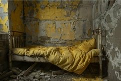 Old bed with yellow sheets lying in the ruins of an abandone Product Image 1