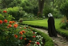 Serene garden walk, person in black cloak among flowers Product Image 1