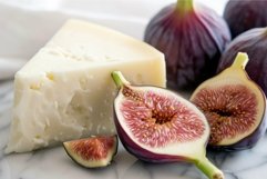 Gourmet cheese and fresh figs on marble surface Product Image 1