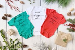 Green Red and White Christmas Baby Bodysuit Mockup Wood Product Image 1