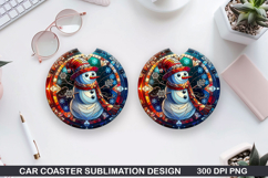 Snowman Car Coaster Sublimation|Christmas Coaster PNG Design Product Image 1