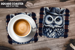 Cute Owl, Animal coaster, Buffalo Plaid Square Coaster PNG Product Image 1