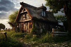 Mystical thatched-roof cottage amidst trees as dusk settles Product Image 1