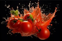 Splashing tomatoes on black background Product Image 1