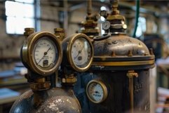 Vintage industrial pressure gauges on machinery Product Image 1