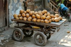 Old wooden cart full of potatoes standing on cobblestone str Product Image 1