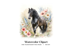 Black Horse Floral Meadow PNG Clipart Friesian Equine Art Product Image 1