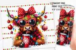 Christmas festive Highland cow Tumbler Wrap|Sublimation PNG. Product Image 2
