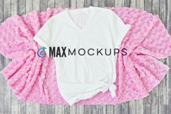 White shirt mockup women, pink fur flatlay stock photography Product Image 1