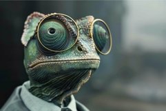 Surreal chameleon portrait with vintage glasses on misty bac Product Image 1