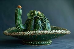 Ceramic cactus sculpture standing on blue background Product Image 1