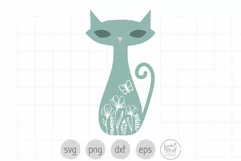 Floral Cat Silhouette Svg, Flower Cat SVG, Cat with Flowers Product Image 1