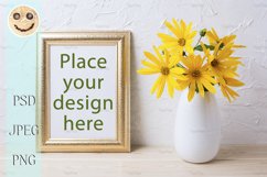 Golden frame mockup with yellow rosinweed flowers in vase Product Image 1