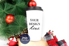 Christmas travel mug PSD mockup, Full wrap travel mug mockup Product Image 1