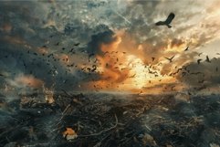 Dramatic sunset birds flight over wasteland Product Image 1