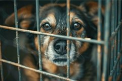 Closeup of a dog&#039;s expressive eyes as it peers out from behi Product Image 1