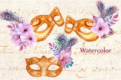 Watercolor masks and flowers clipart Product Image 3