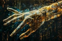 Robotic hand reaching out in futuristic technological citysc Product Image 1