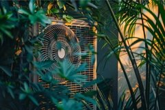 Air conditioner working outdoor surrounded by tropical plant Product Image 1