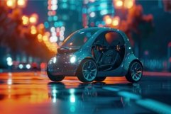 Autonomous electric car driving on neon city street at night Product Image 1