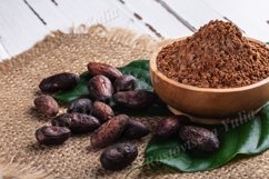 Cacao products on white rustic wooden table close-up. Product Image 1