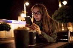 Cute caucasian women in glass sitting in street cafe Product Image 1