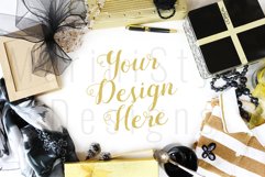 Feminine Styled Desktop Mockup, Gold &amp; black flatlay 193 Product Image 1