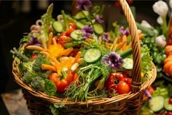 Wicker basket overflowing with fresh colorful vegetables and Product Image 1