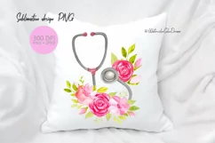 Nurse Floral Sublimation design. Watercolor stethoscope PNG Product Image 2