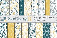 Seamless Green and Yellow Hand Drawn Flowers and Leaves Digital Paper / Foliage Seamless Pattern / Scrapbooking Papers Product Image 1