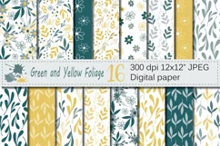 Seamless Green and Yellow Hand Drawn Flowers and Leaves Digital Paper / Foliage Seamless Pattern / Scrapbooking Papers Product Image 1