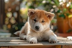 Adorable akita puppy relaxing on wooden deck Product Image 1