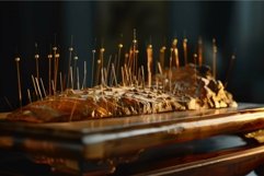 Golden model of mountain range with pins marking locations Product Image 1
